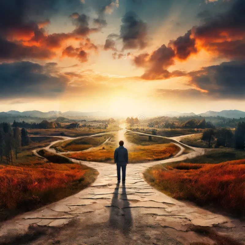 compelling-image-man-standing-crossroads-facing-multiple-paths-under-dramatic-sunset-sky-scene-evokes-themes-decision-330371235 Embracing the unknown after choosing to step outside the comfort zone
