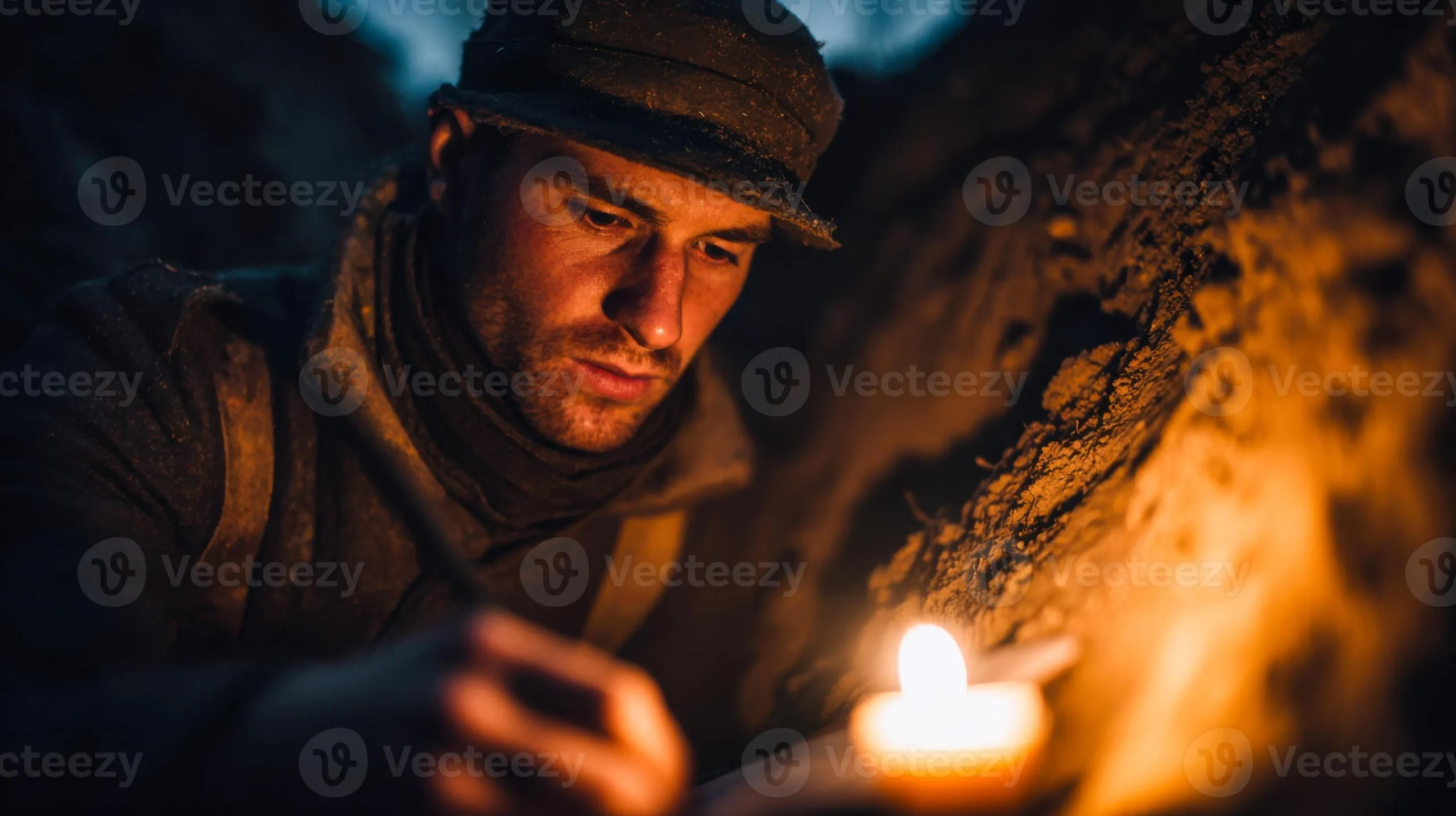 A soldier writing down a sacred vow amidst the chaos of war seeking solace in his promises