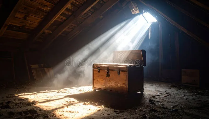 old-attic-illuminated-shaft-sunlight-highlighting-antique-wooden-chest-its-lid-open-dust-motes-dance-382225487 A forgotten chest in a sunlit attic where hidden treasures remain undisturbed for years